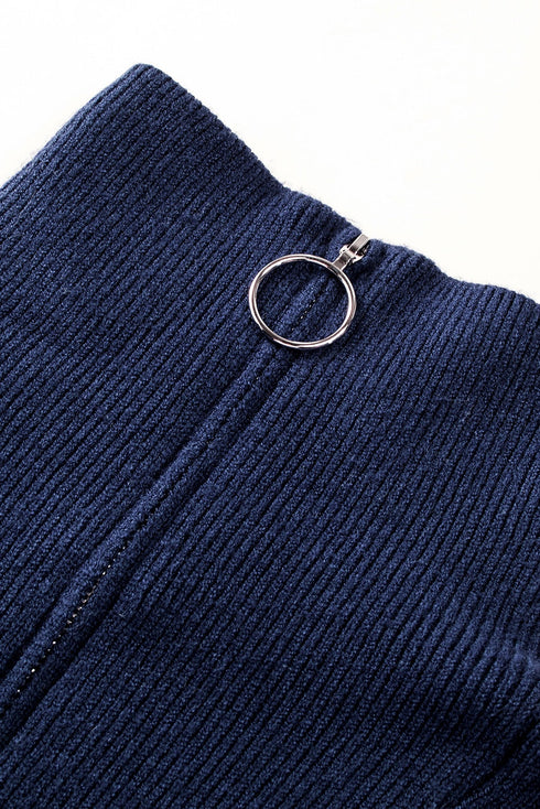 Striped O-Ring Zip Front Collared Drop Shoulder Long Sleeve Sweater Dress